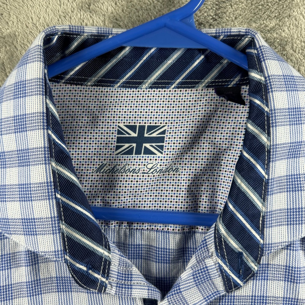 Michelsons London Mens XL Blue Checkered Long Sleeve Button Down Dress Shirt - Picture 2 of 9